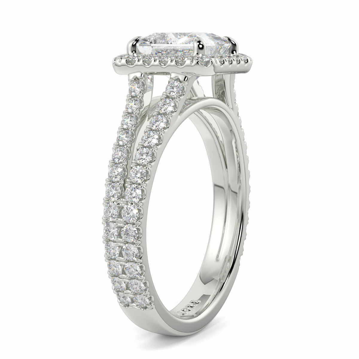 Silver ring with diamond accents on a white background yb jewellers twist halo princess shape engagement diamond ring best selling design ring and trending design 2026