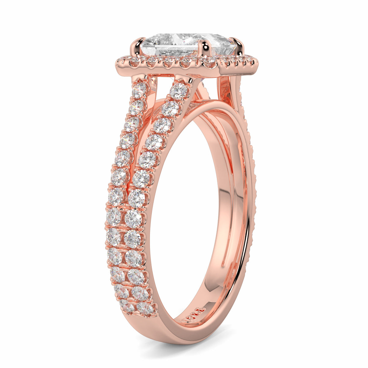 Rose gold ring with diamond accents on a white background yb jewellers twist halo princess shape engagement diamond ring best selling design ring and trending design 2026