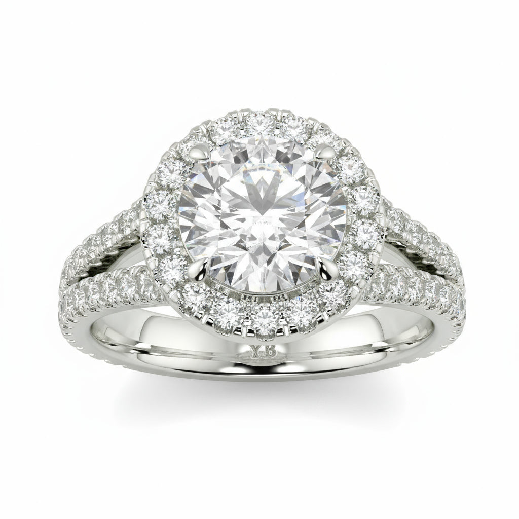 Diamond ring with a halo on a white background yb jewellers twist halo round shape engagement diamond ring best selling design ring and trending design 2026
