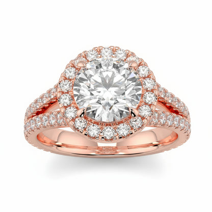 Rose gold diamond ring with  branding on a white background yb jewellers twist halo round shape engagement diamond ring best selling design ring and trending design 2026