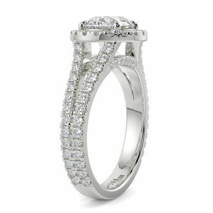 Silver ring with diamond accents on a white background yb jewellers twist halo round shape engagement diamond ring best selling design ring and trending design 2026