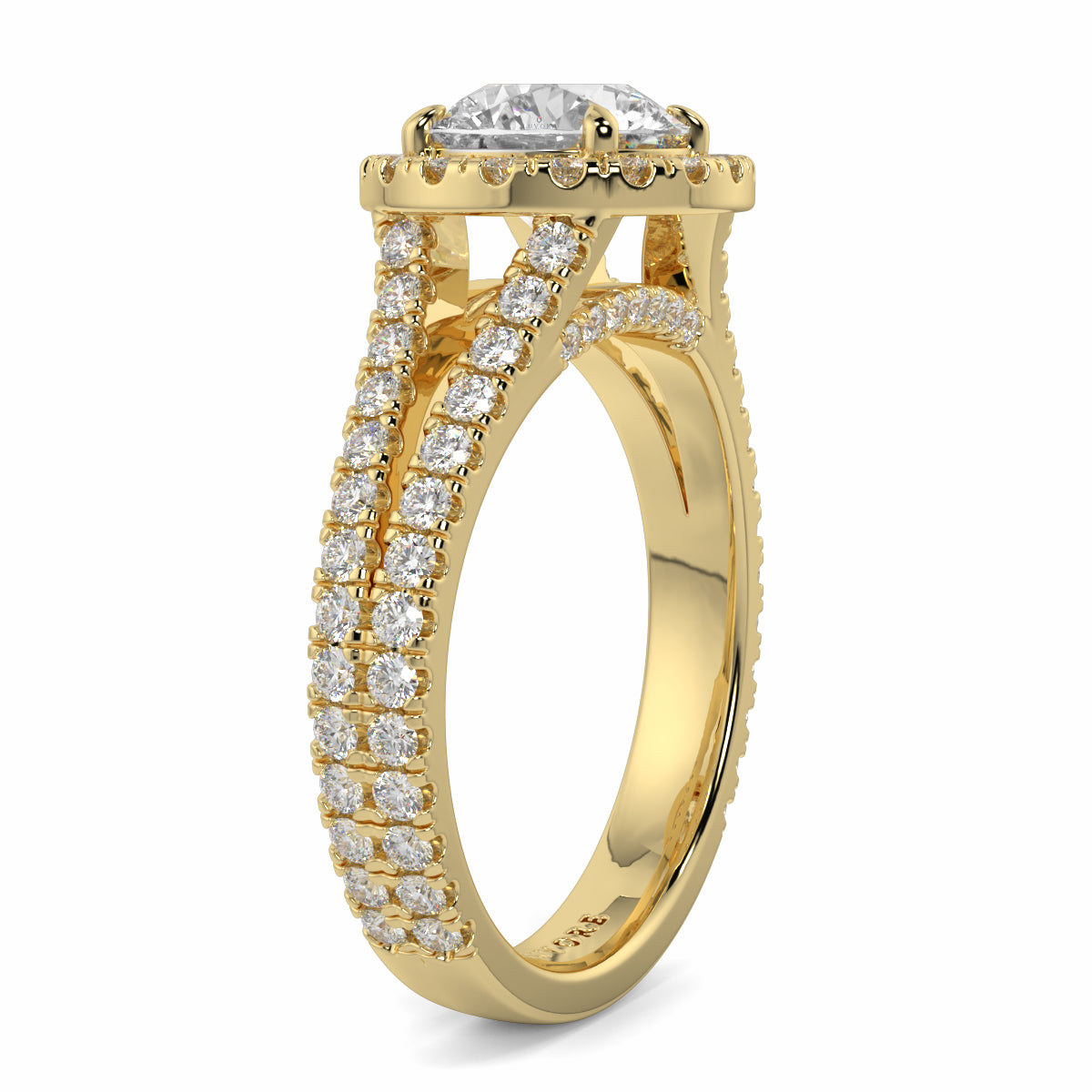 Gold ring with diamond accents on a white background yb jewellers twist halo round shape engagement diamond ring best selling design ring and trending design 2026