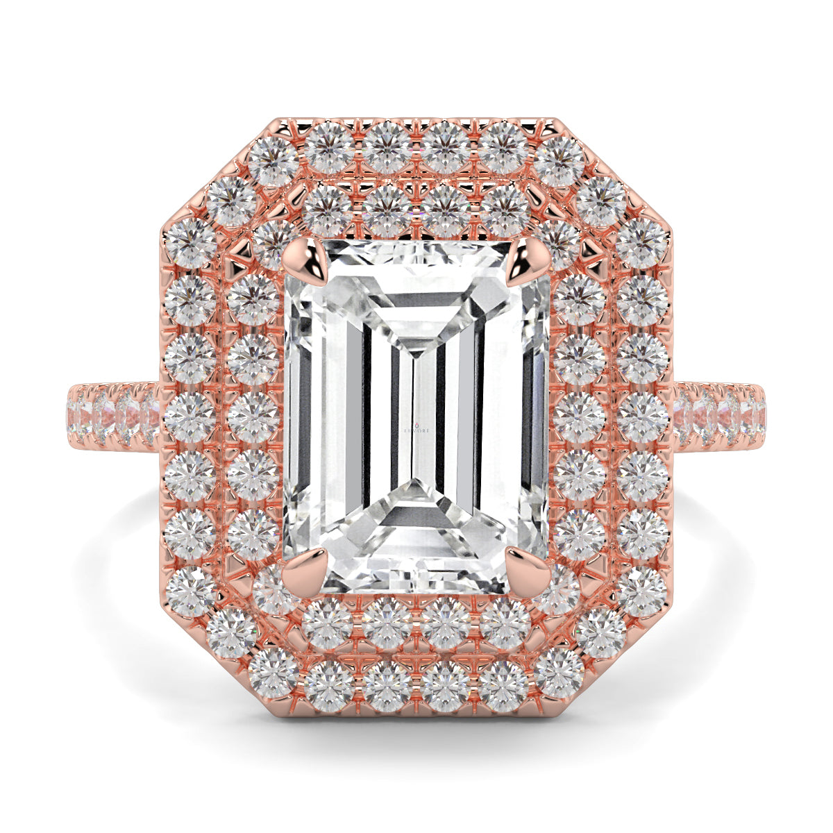 Rose gold and diamond ring with a central emerald-cut gemstone on a white background yb jewellers best selling ring designs emerald diamond double halo