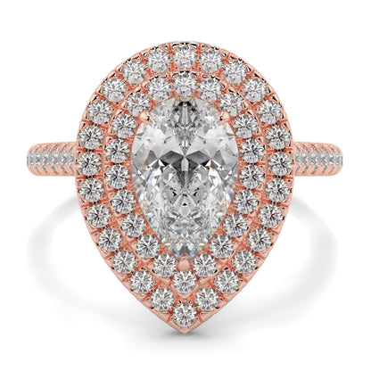 Rose gold and silver diamond ring on a white background yb jewellers pear double halo ring best seller trending design