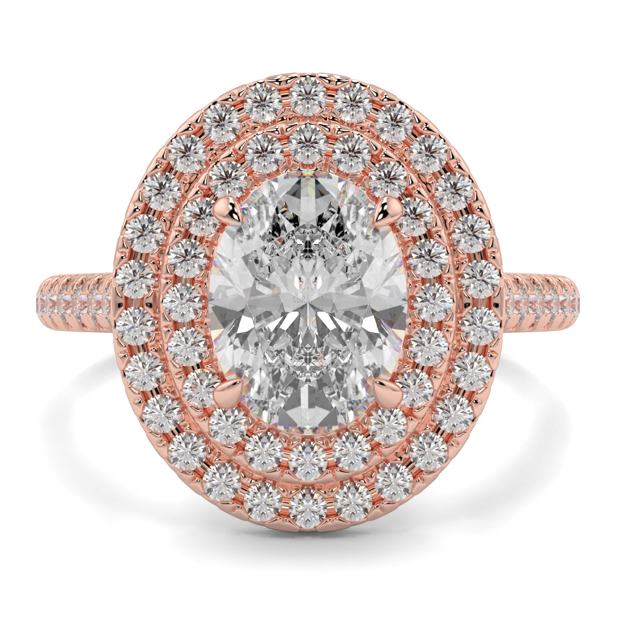 Rose gold ring with a large central diamond and smaller diamonds around on a white background yb jewellers oval diamond engagement ring best seller trending design