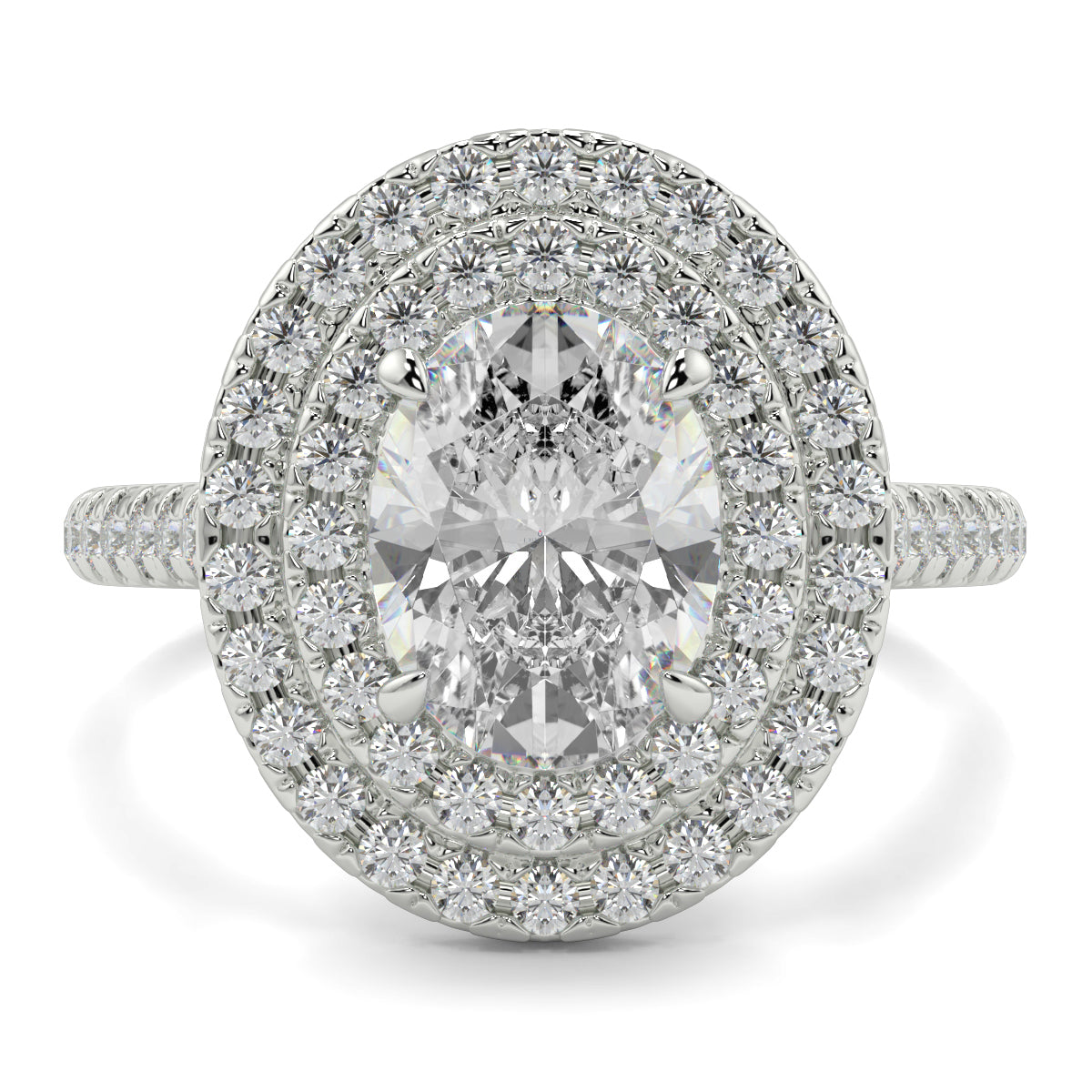 Diamond ring with a central gemstone and halo of smaller diamonds on a white background yb jewellers oval diamond engagement ring best seller trending design