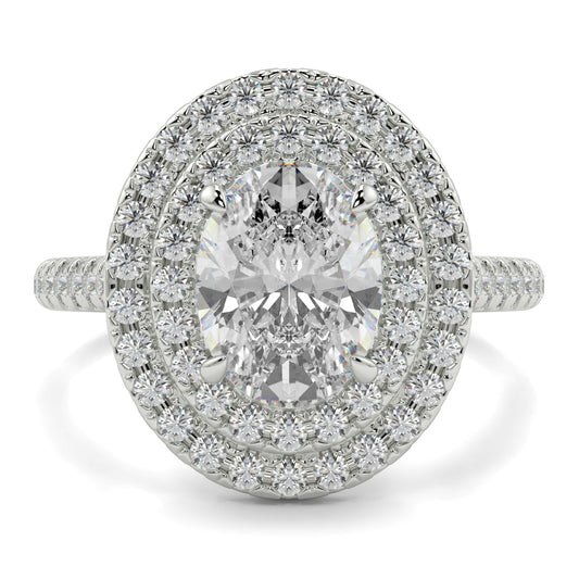 Diamond ring with a central gemstone and halo of smaller diamonds on a white background yb jewellers oval diamond engagement ring best seller trending design