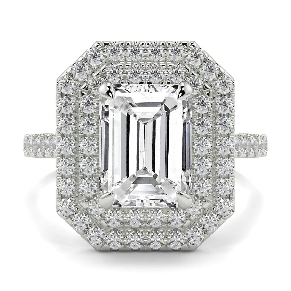 Diamond ring with emerald-cut center stone and halo on a white background yb jewellers best selling ring designs emerald diamond double halo