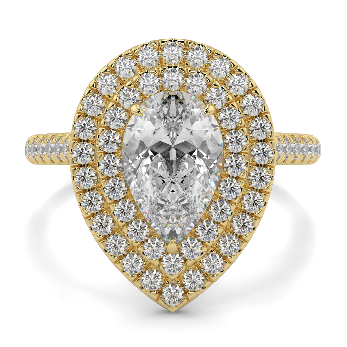 Gold ring with a large central diamond and smaller diamonds around on a white background yb jewellers pear double halo ring best seller trending design