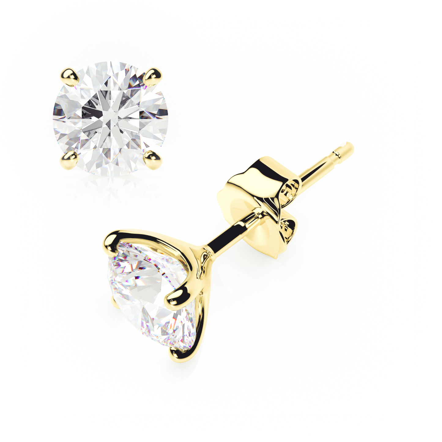 4 Claw Diamond Stud Earrings - Round Shape - Butterfly Backs