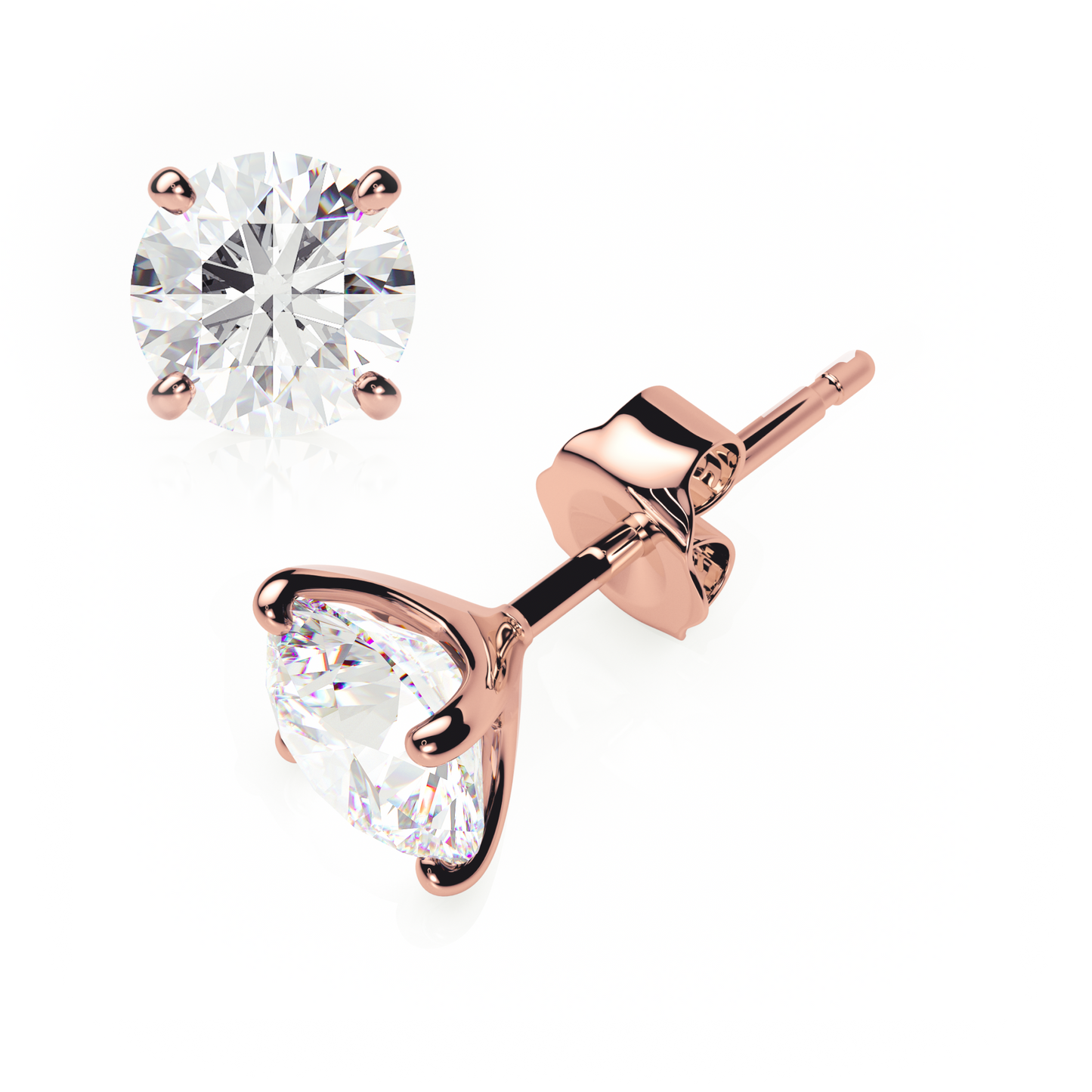 4 Claw Diamond Stud Earrings - Round Shape - Butterfly Backs
