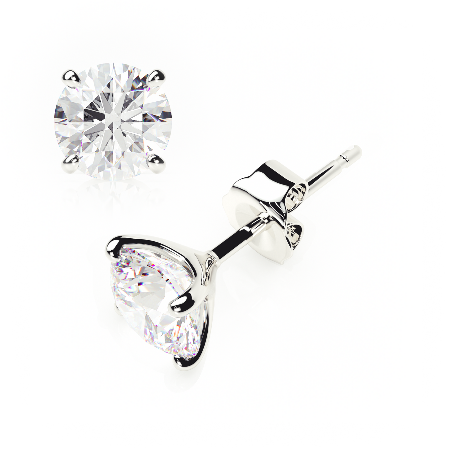 4 Claw Diamond Stud Earrings - Round Shape - Butterfly Backs