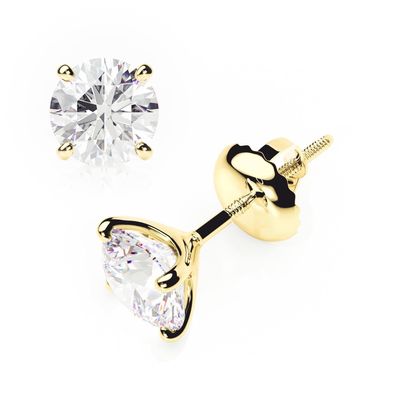 Gold stud earrings with clear gemstones on a white background
