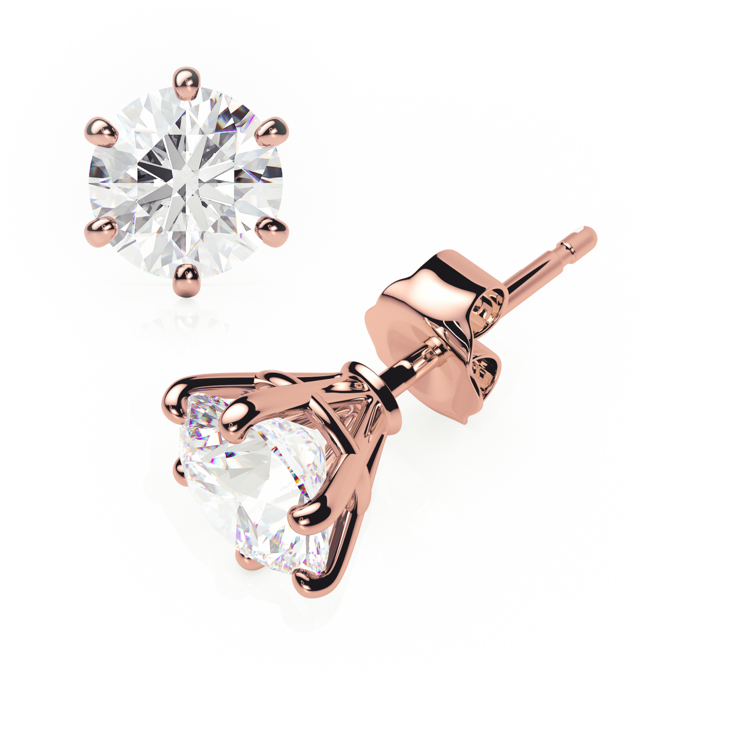 6 Claw Diamond Stud Earrings - Round Shape - Butterfly Backs
