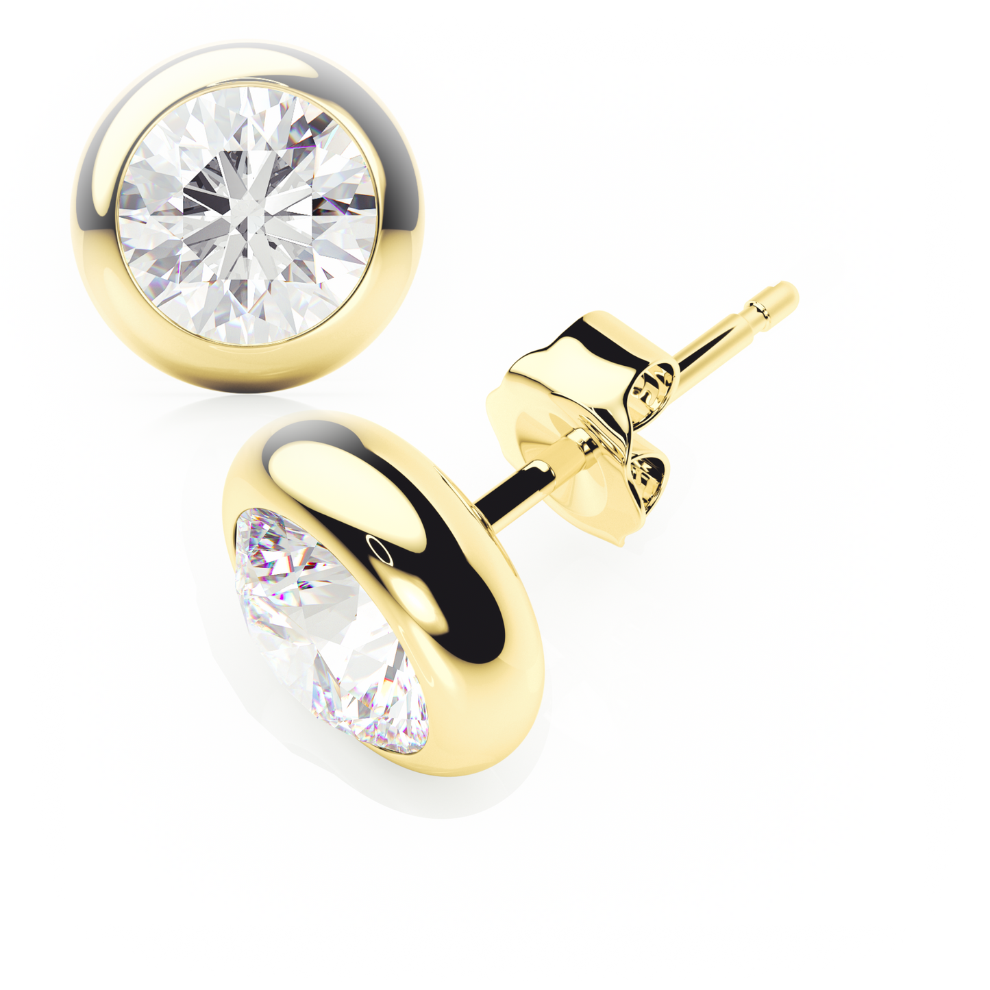Gold earrings with clear gemstones on a white background