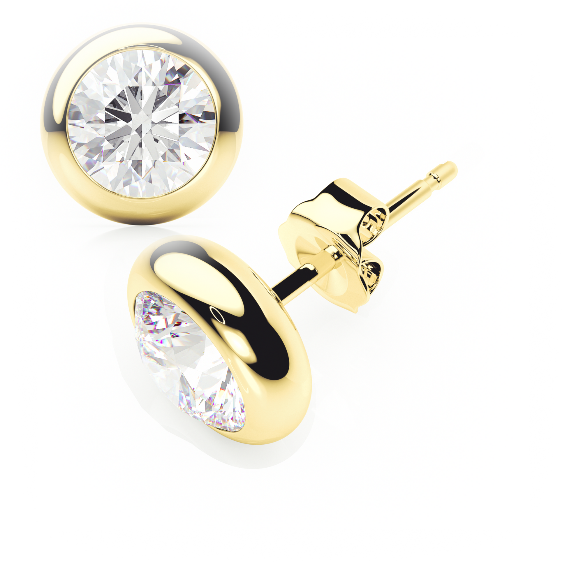 Gold earrings with clear gemstones on a white background