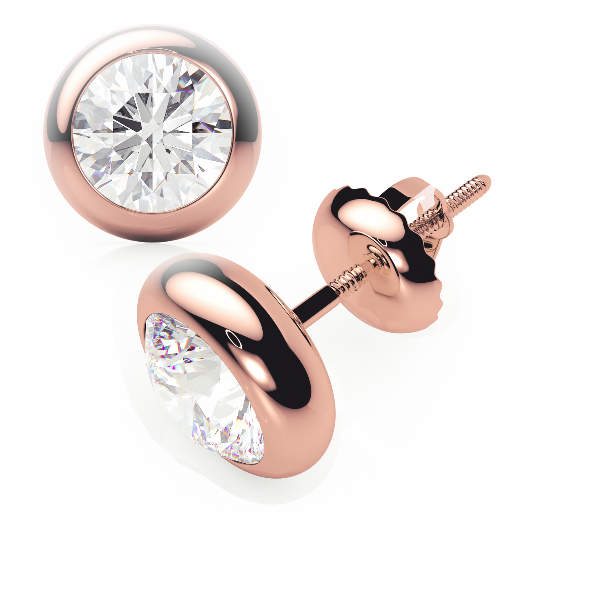 Rose gold stud earrings with clear gemstones on a white background