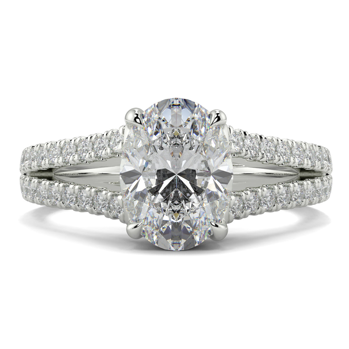 Diamond ring with a large central gemstone and smaller stones on a white background Yb jewellers engagement ring straight band