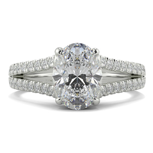 Diamond ring with a large central gemstone and smaller stones on a white background Yb jewellers engagement ring straight band