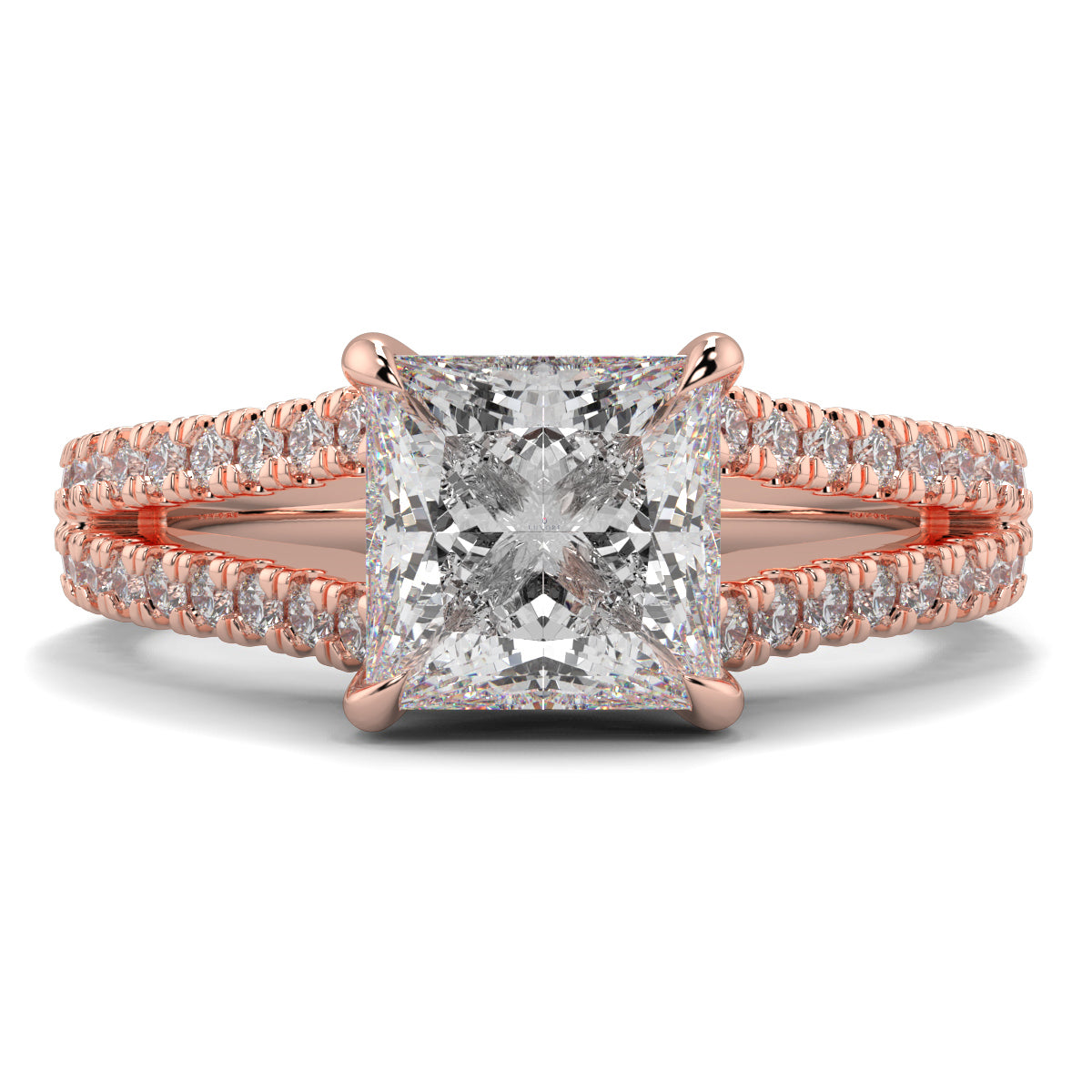 Rose gold ring with a large diamond and smaller diamonds on the band against a white background Yb jewellers engagement ring straight band