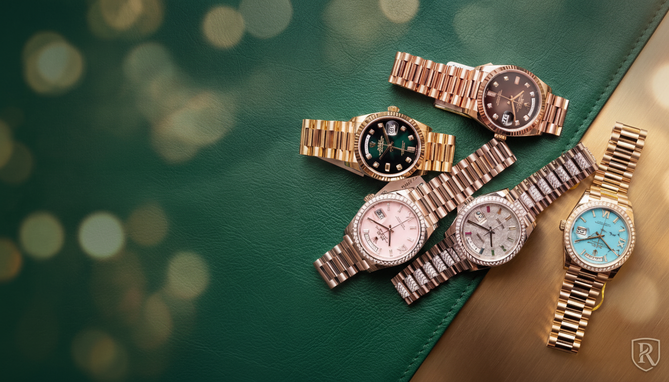 Four gold watches with different face colors on a green and brown gradient background