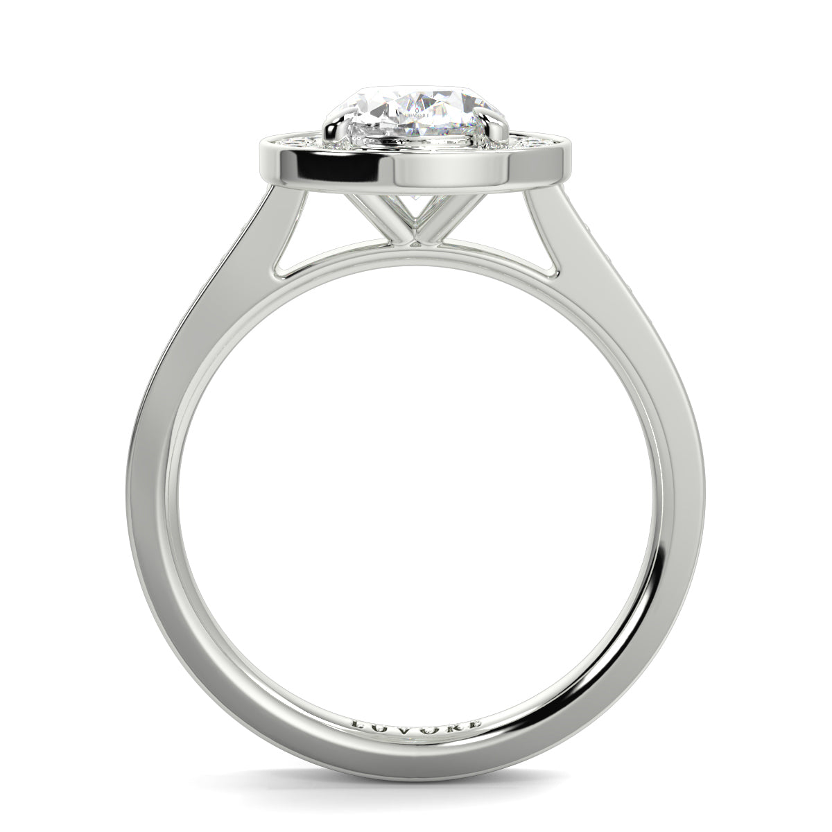 Silver ring with a diamond on a white background oval halo best sling design Yb Jewellers 
