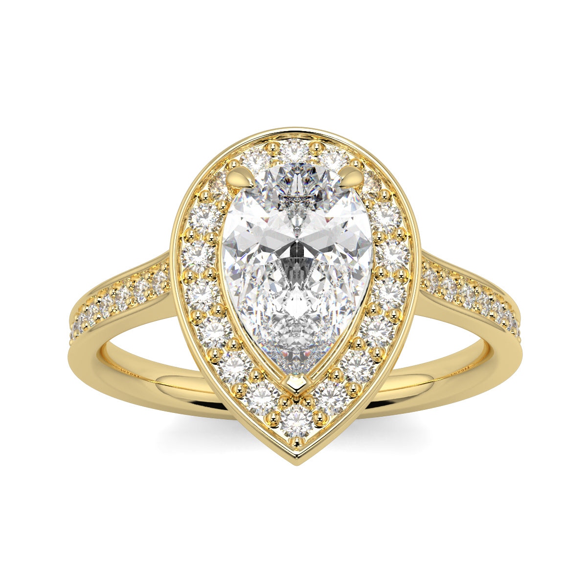 Gold ring with a pear-shaped diamond and smaller diamonds on a white  Pear shaped diamond engagement ring Yb jewellers trending ring designs background