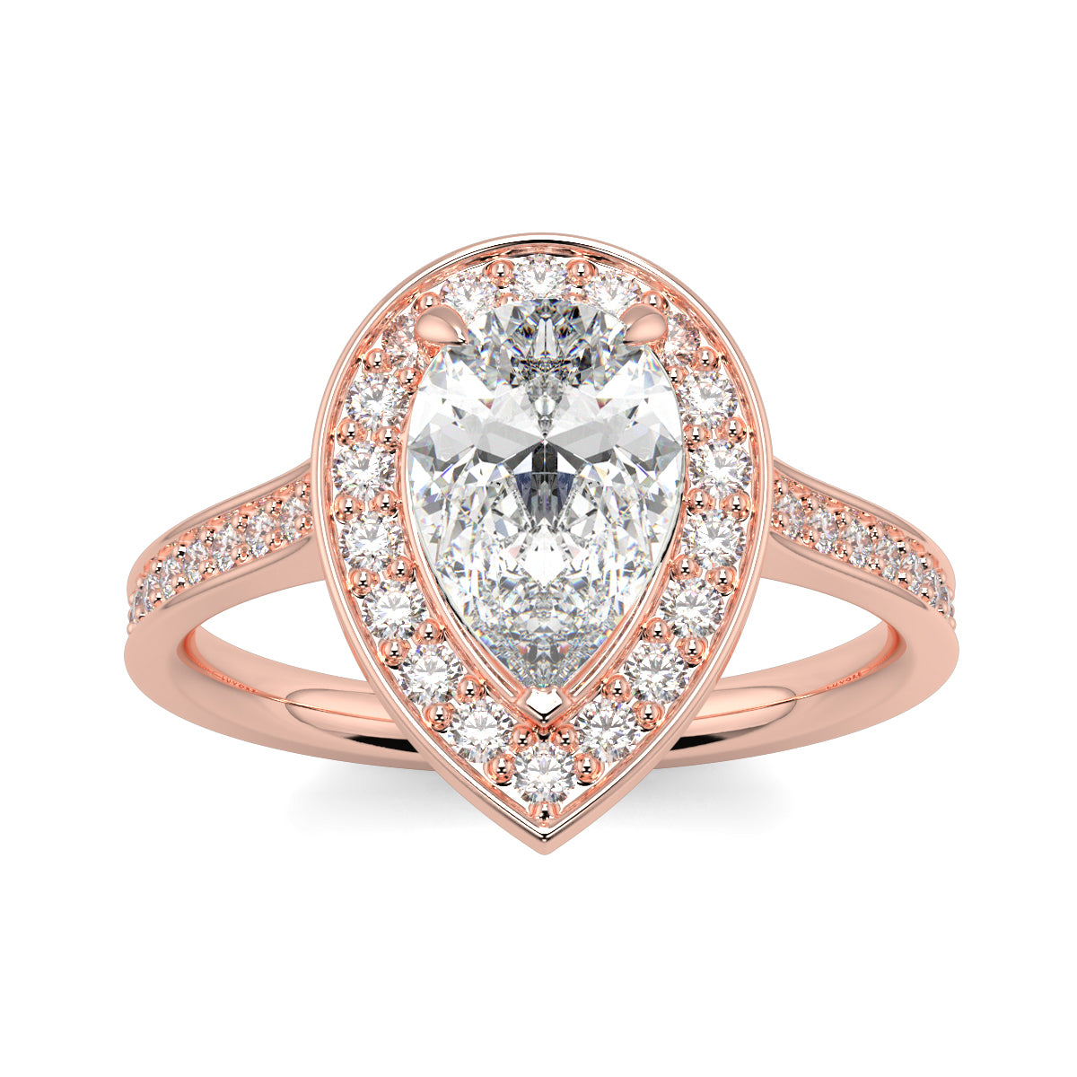 Rose gold ring with a pear-shaped diamond and smaller diamonds on a white background Pear shaped diamond engagement ring Yb jewellers trending ring designs