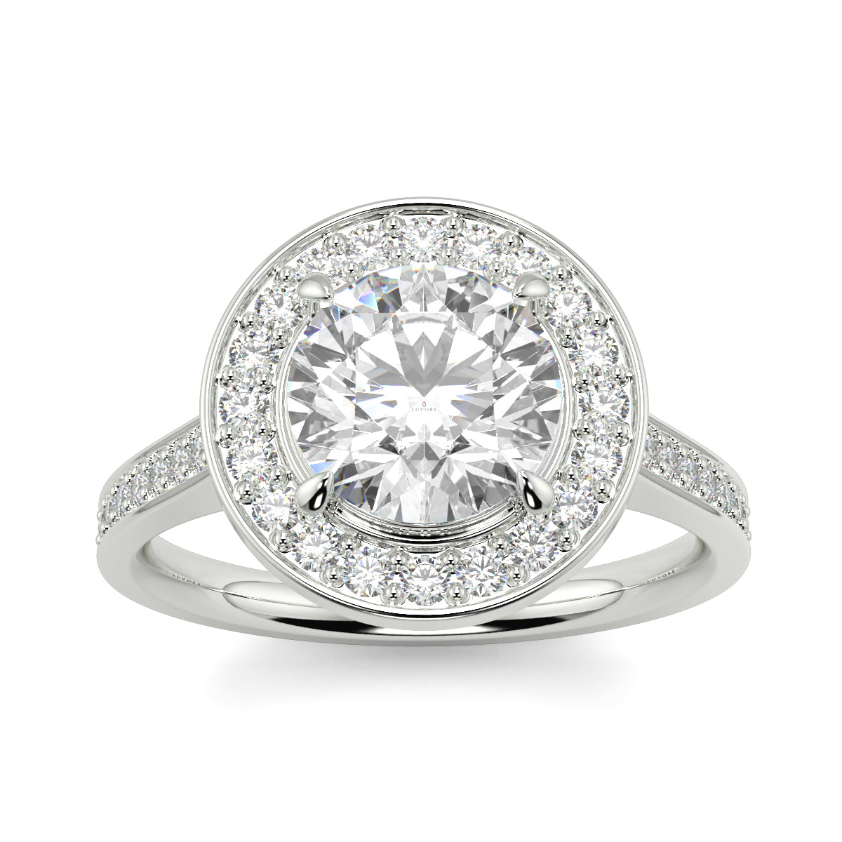 Diamond ring with a halo of smaller diamonds on a white background engagement ring Yb jewellers trending design