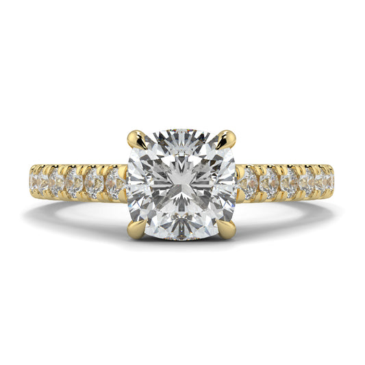 Gold ring with a large diamond and smaller diamonds on the band against a white background Yb jewellers engagement ring straight band