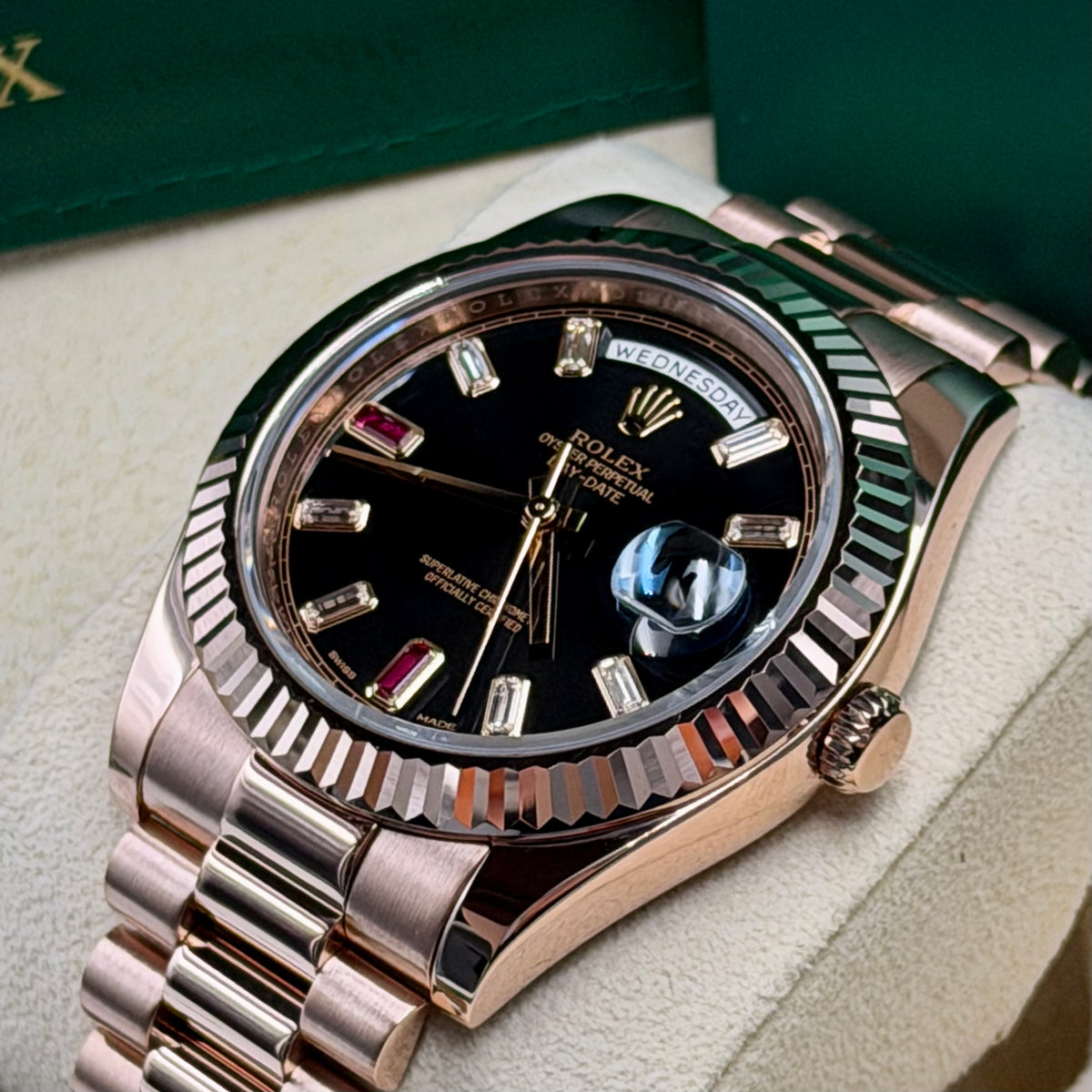 Rolex Day-Date II Ruby Dial 218235 - Full Set (2014) with 2021 Rolex Service Card