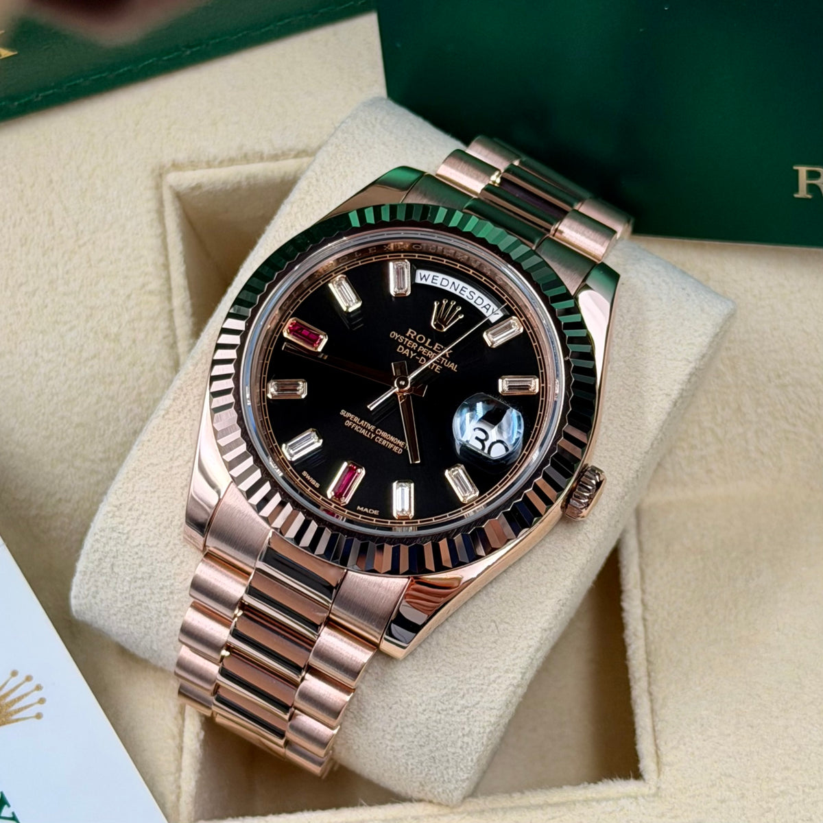 Rolex Day-Date II Ruby Dial 218235 - Full Set (2014) with 2021 Rolex Service Card