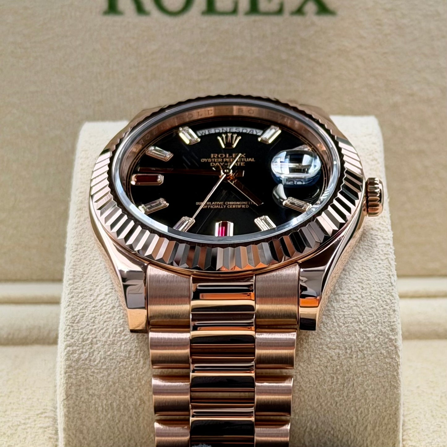 Rolex Day-Date II Ruby Dial 218235 - Full Set (2014) with 2021 Rolex Service Card