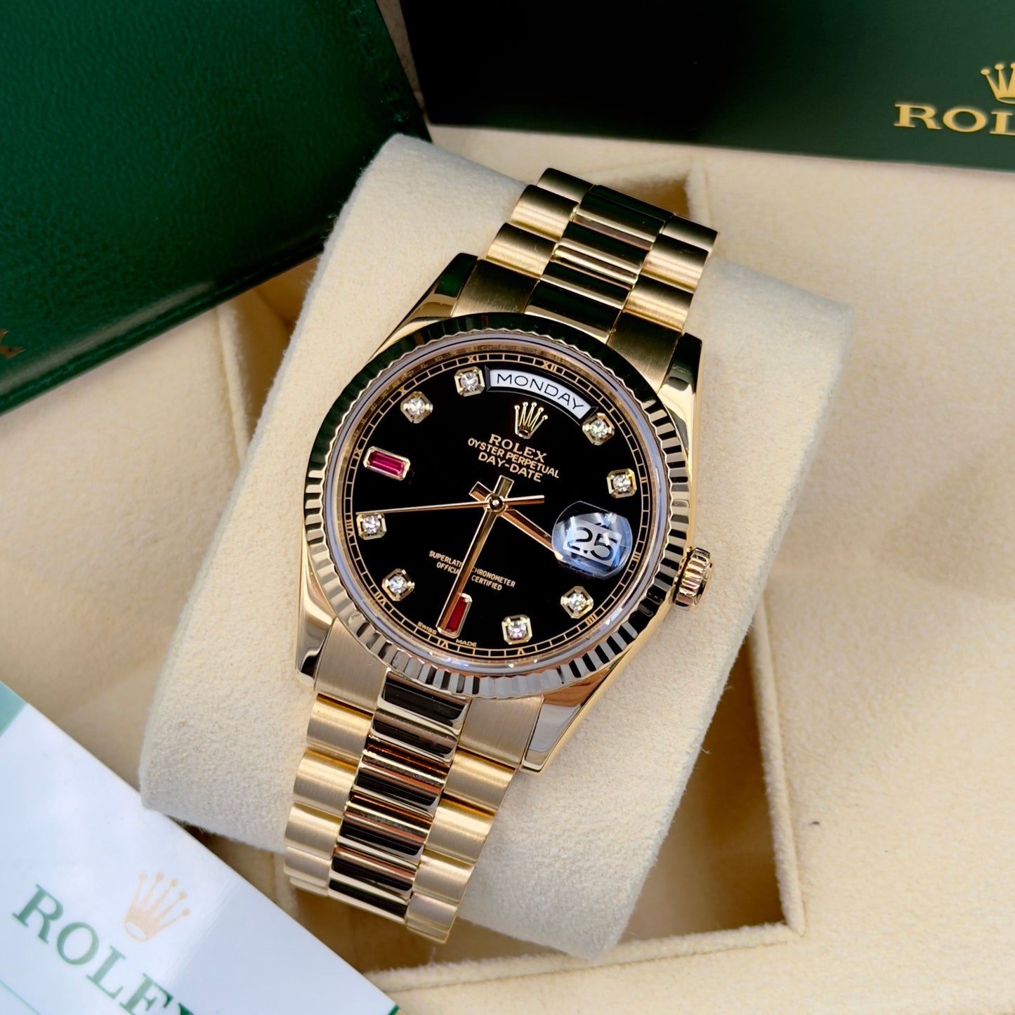 Rolex Day-Date Yellow Gold Ruby Dial 118238 - Full Set (2016)