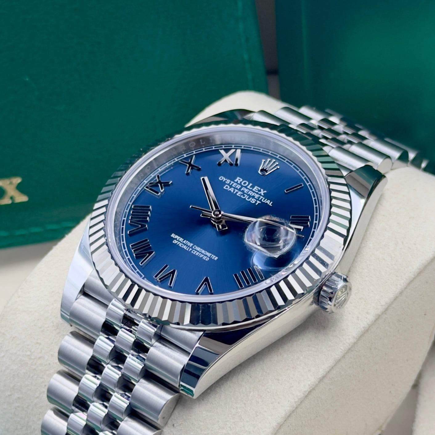 Rolex Datejust 41 Blue Roman Numeral Dial Fluted Jubilee 126334 - Full Set (2026)