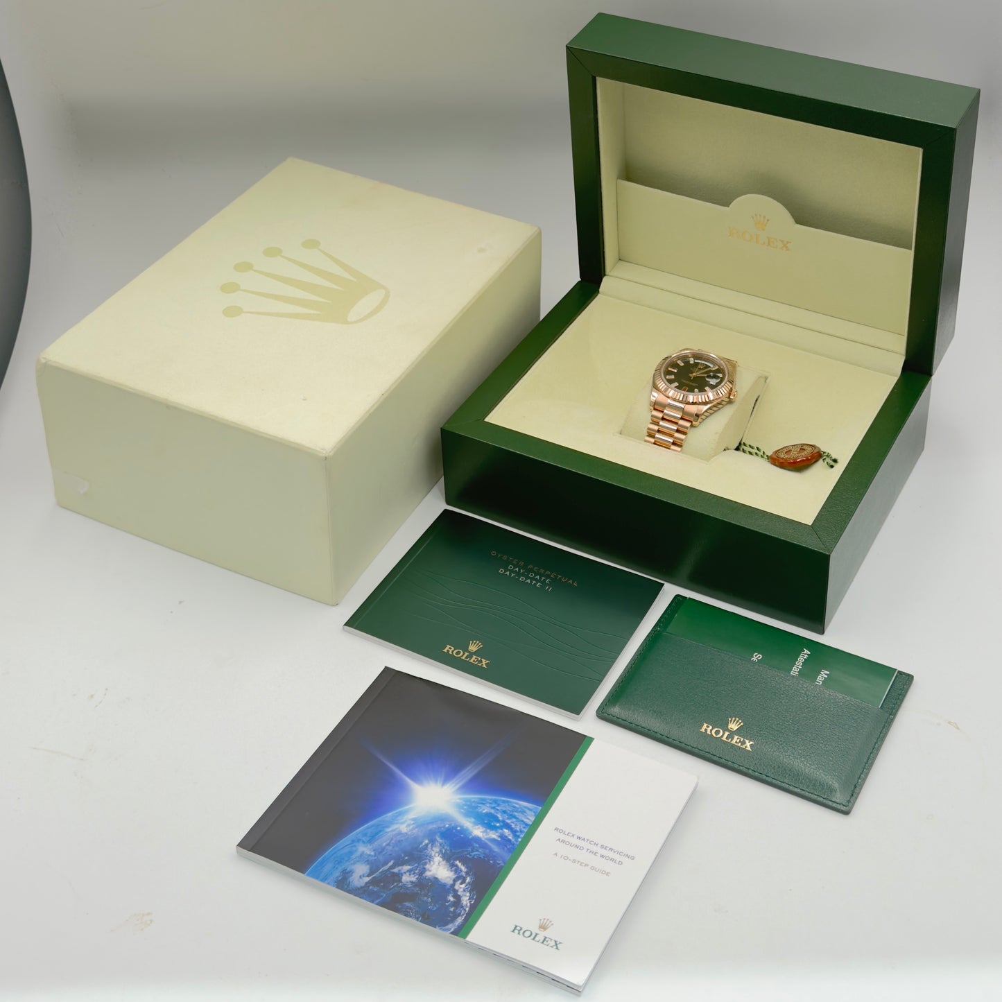 Rolex Day-Date II Ruby Dial Fully Stickered 218235 Full Set 2014 with 2021 Rolex Service Card