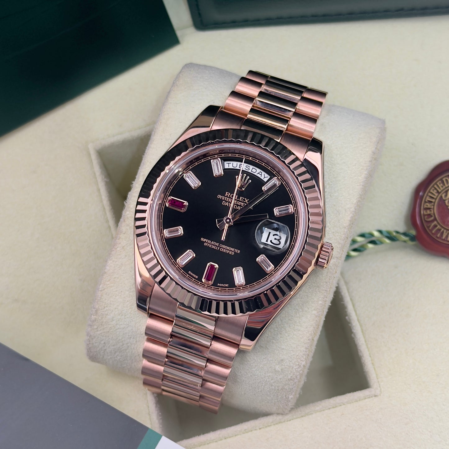 Rolex Day-Date II Ruby Dial Fully Stickered 218235 Full Set 2014 with 2021 Rolex Service Card