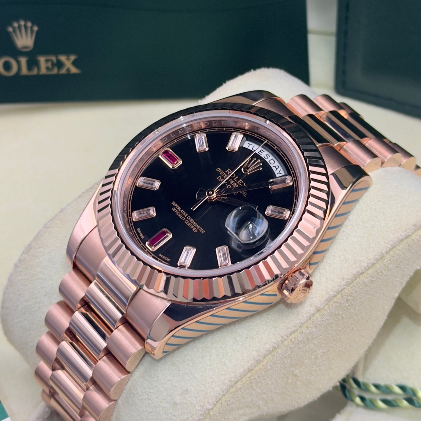 Rolex Day-Date II Ruby Dial Fully Stickered 218235 Full Set 2014 with 2021 Rolex Service Card
