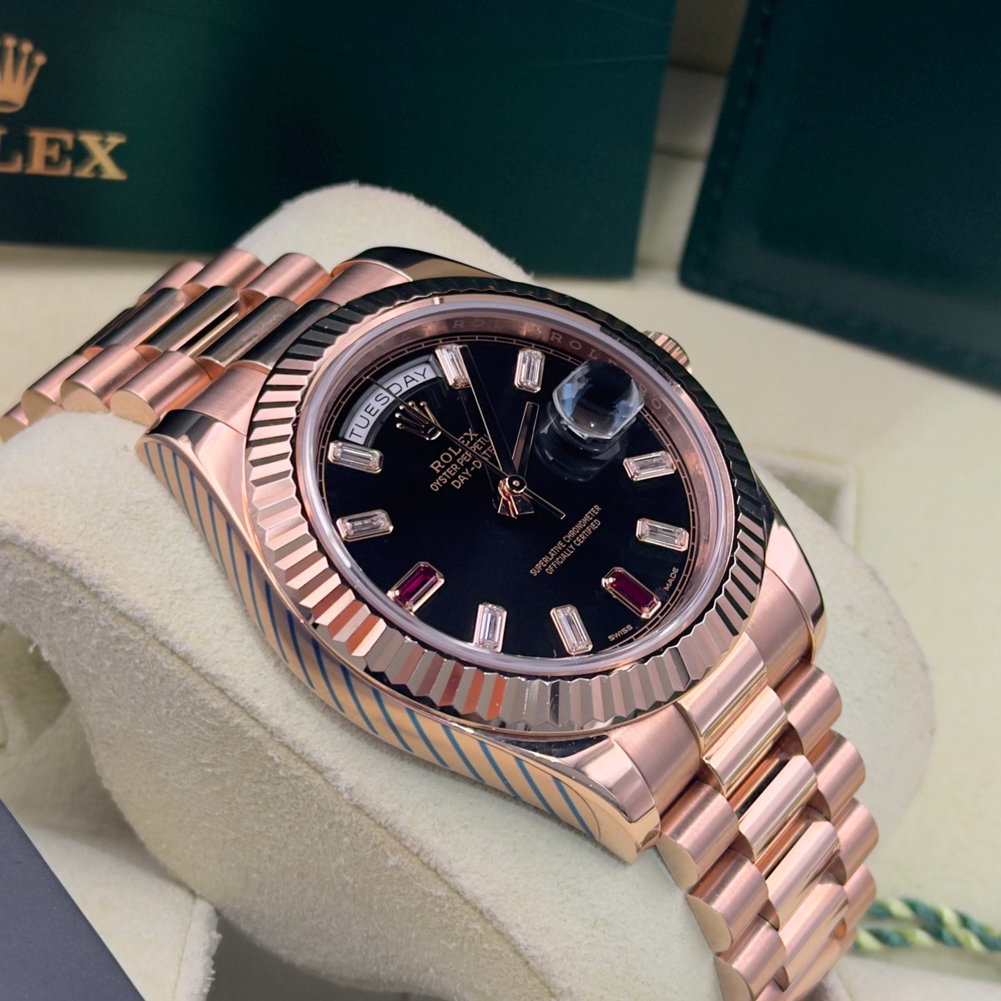 Rolex Day-Date II Ruby Dial Fully Stickered 218235 Full Set 2014 with 2021 Rolex Service Card
