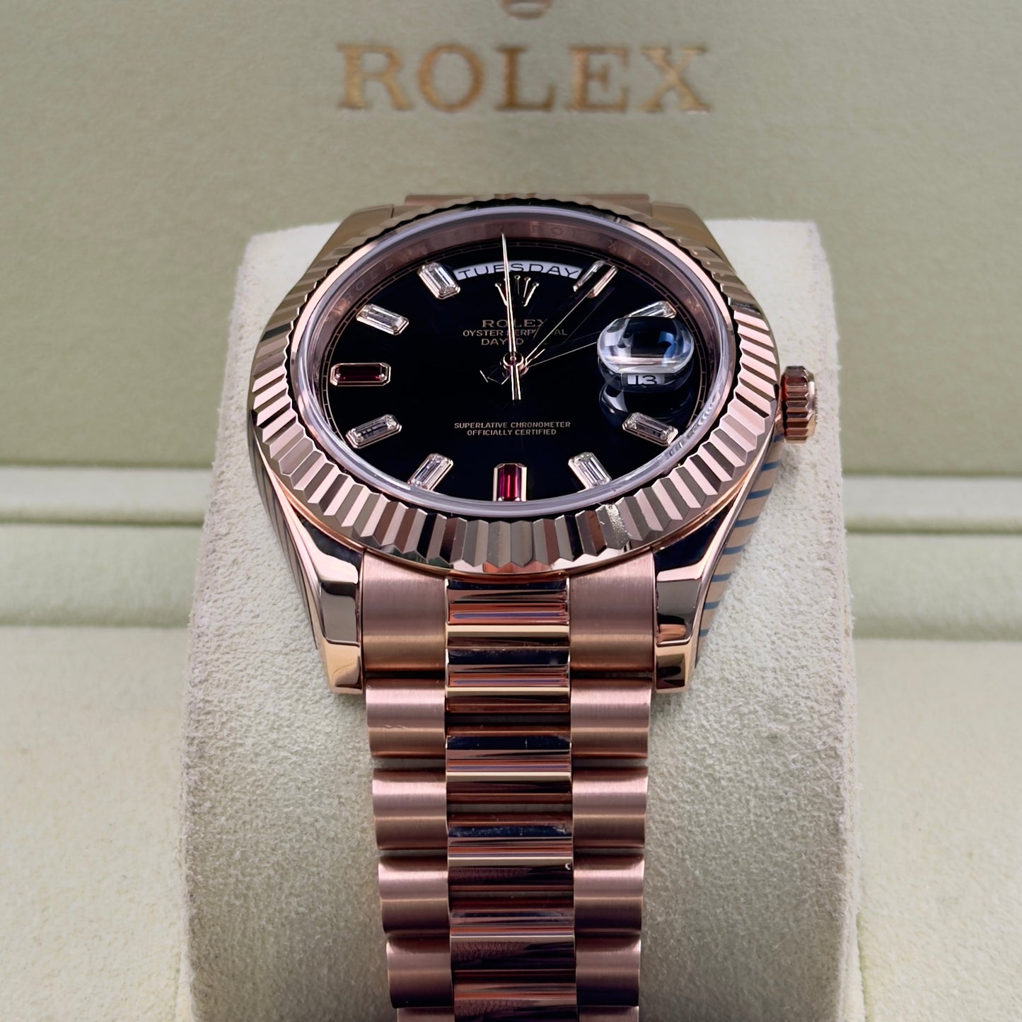 Rolex Day-Date II Ruby Dial Fully Stickered 218235 Full Set 2014 with 2021 Rolex Service Card