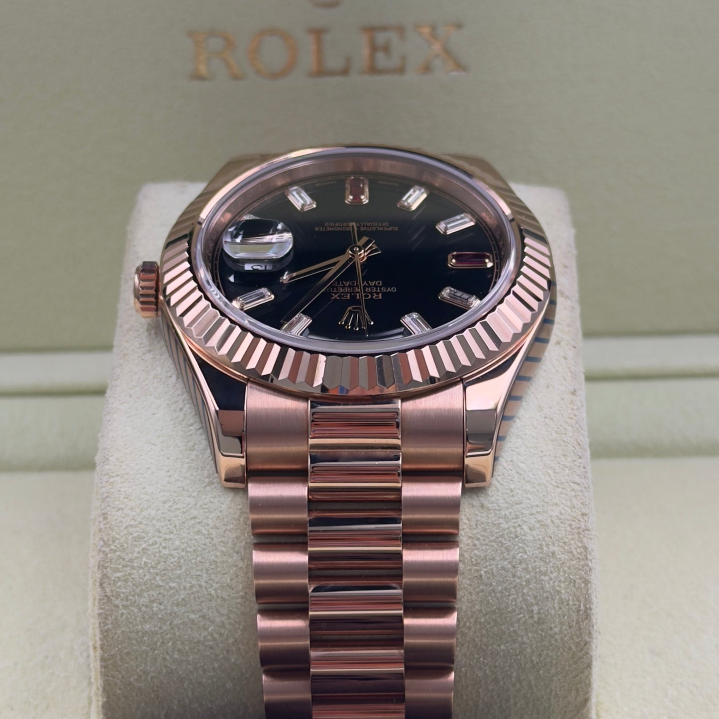 Rolex Day-Date II Ruby Dial Fully Stickered 218235 Full Set 2014 with 2021 Rolex Service Card