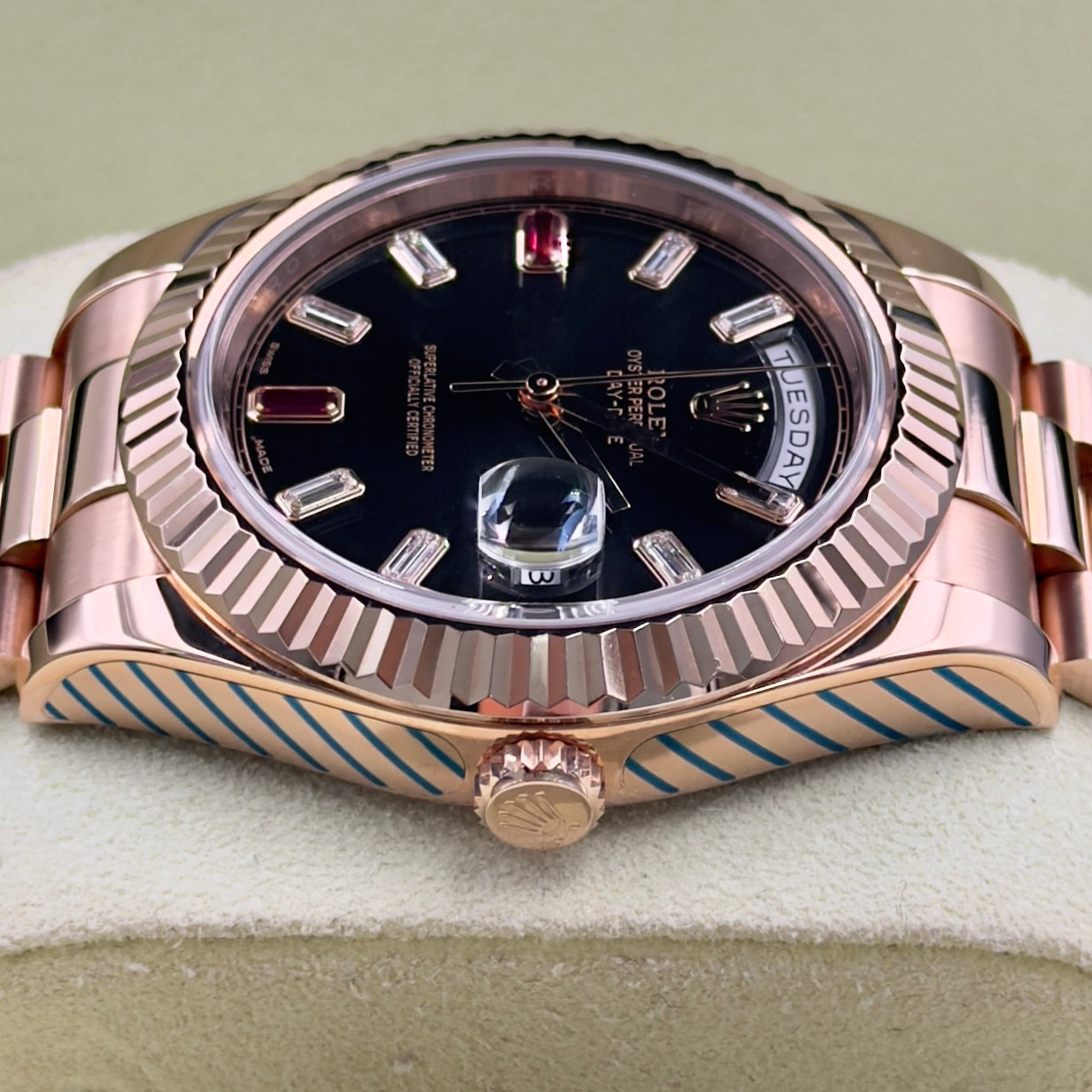 Rolex Day-Date II Ruby Dial Fully Stickered 218235 Full Set 2014 with 2021 Rolex Service Card