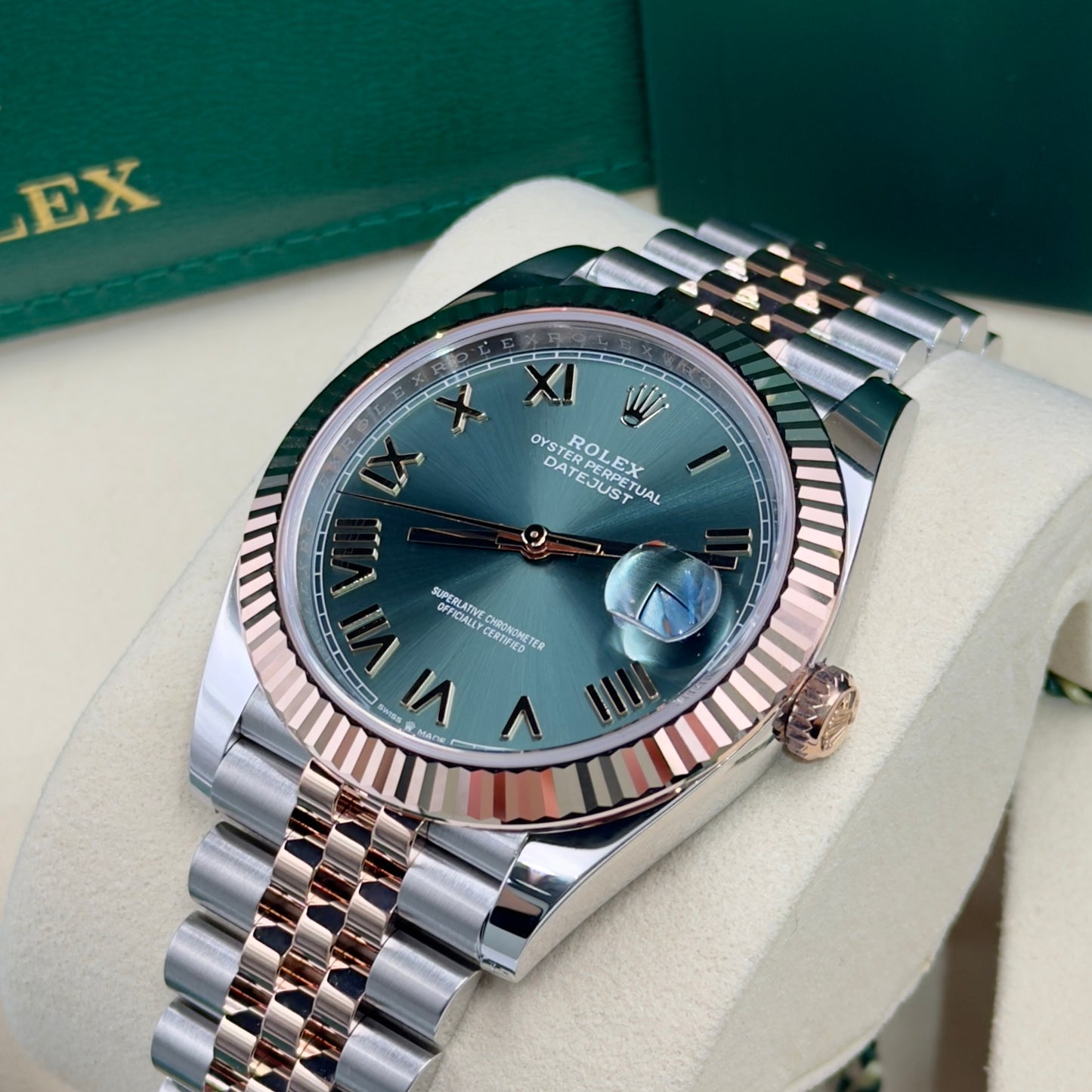 Rolex Datejust Olive Roman Numeral Dial Fluted Bezel Jubilee Bracelet 126331 - Full Set (2026)