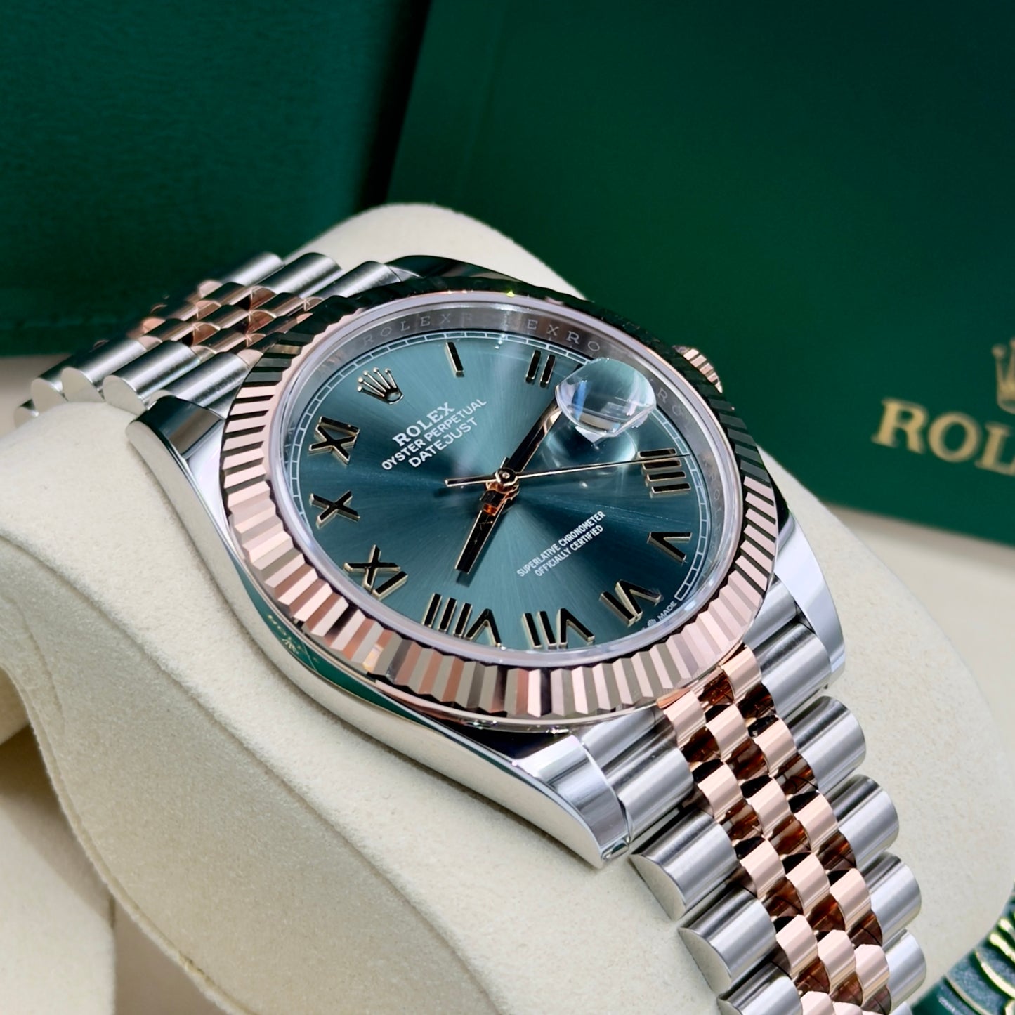 Rolex Datejust Olive Roman Numeral Dial Fluted Bezel Jubilee Bracelet 126331 - Full Set (2026)