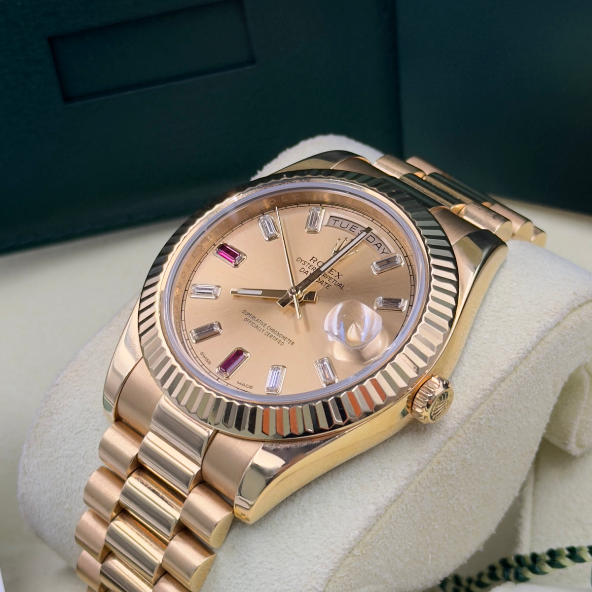 Rolex Day-Date II Ruby Dial 218238 - Full Set (2014)