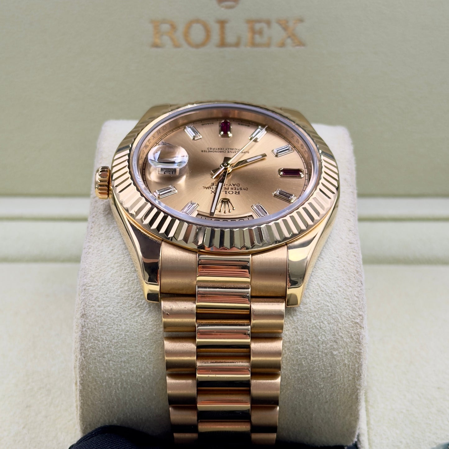 Rolex Day-Date II Ruby Dial 218238 - Full Set (2014)