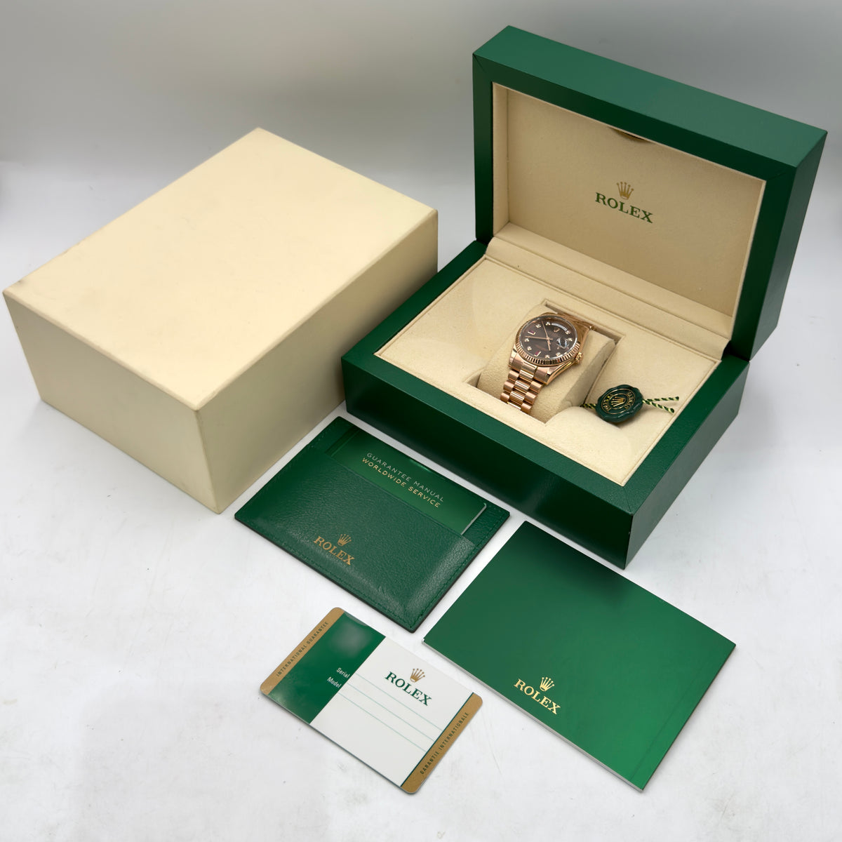 Rolex Day-Date Chocolate Ruby Dial 128235 - Full Set (2017)