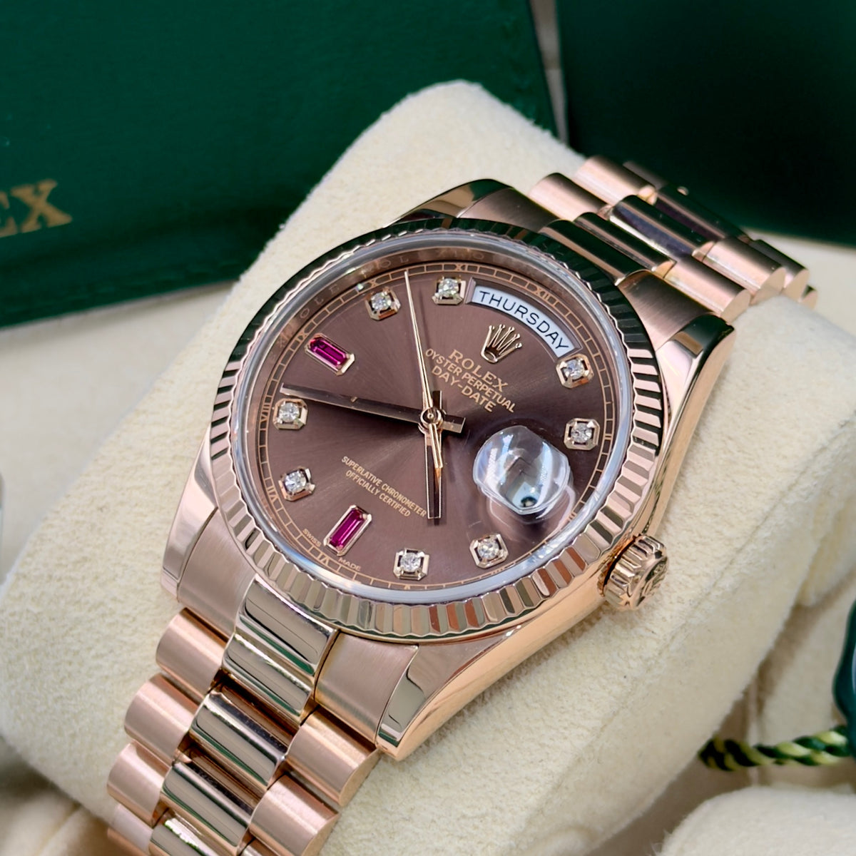 Rolex Day-Date Chocolate Ruby Dial 128235 - Full Set (2017)