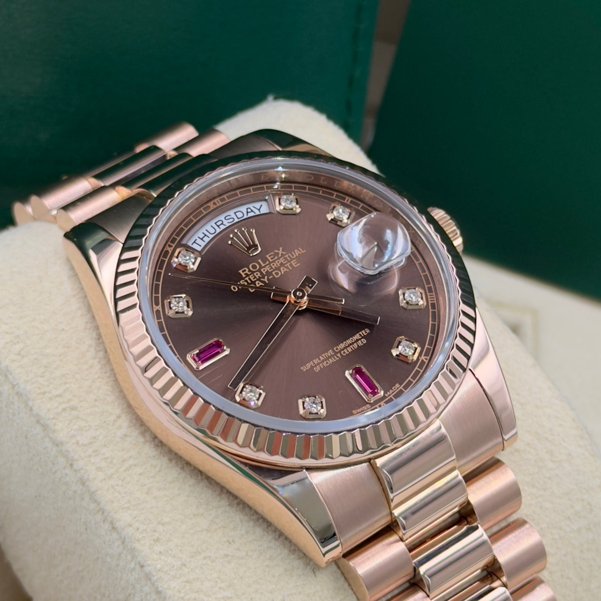 Rolex Day-Date Chocolate Ruby Dial 128235 - Full Set (2017)