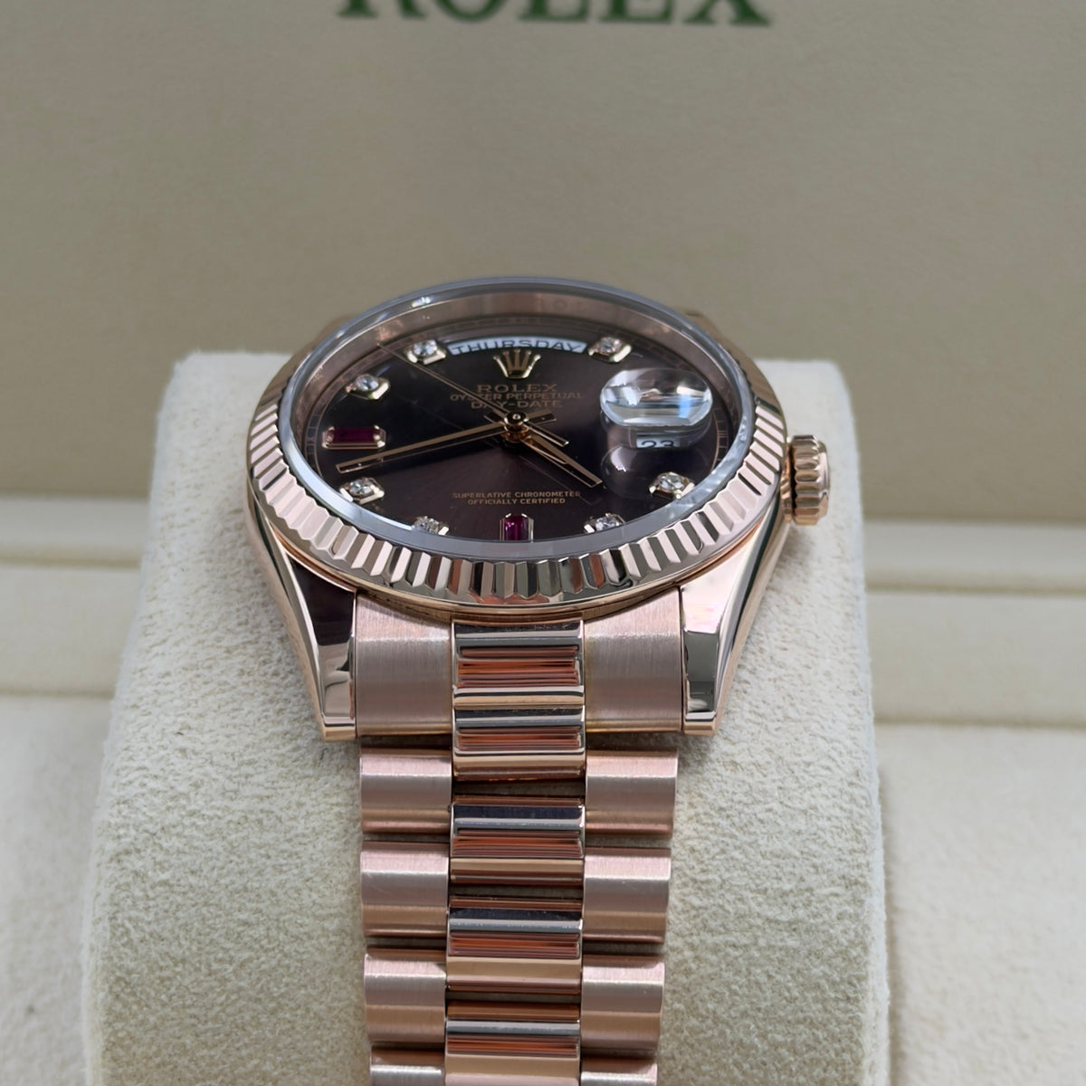 Rolex Day-Date Chocolate Ruby Dial 128235 - Full Set (2017)